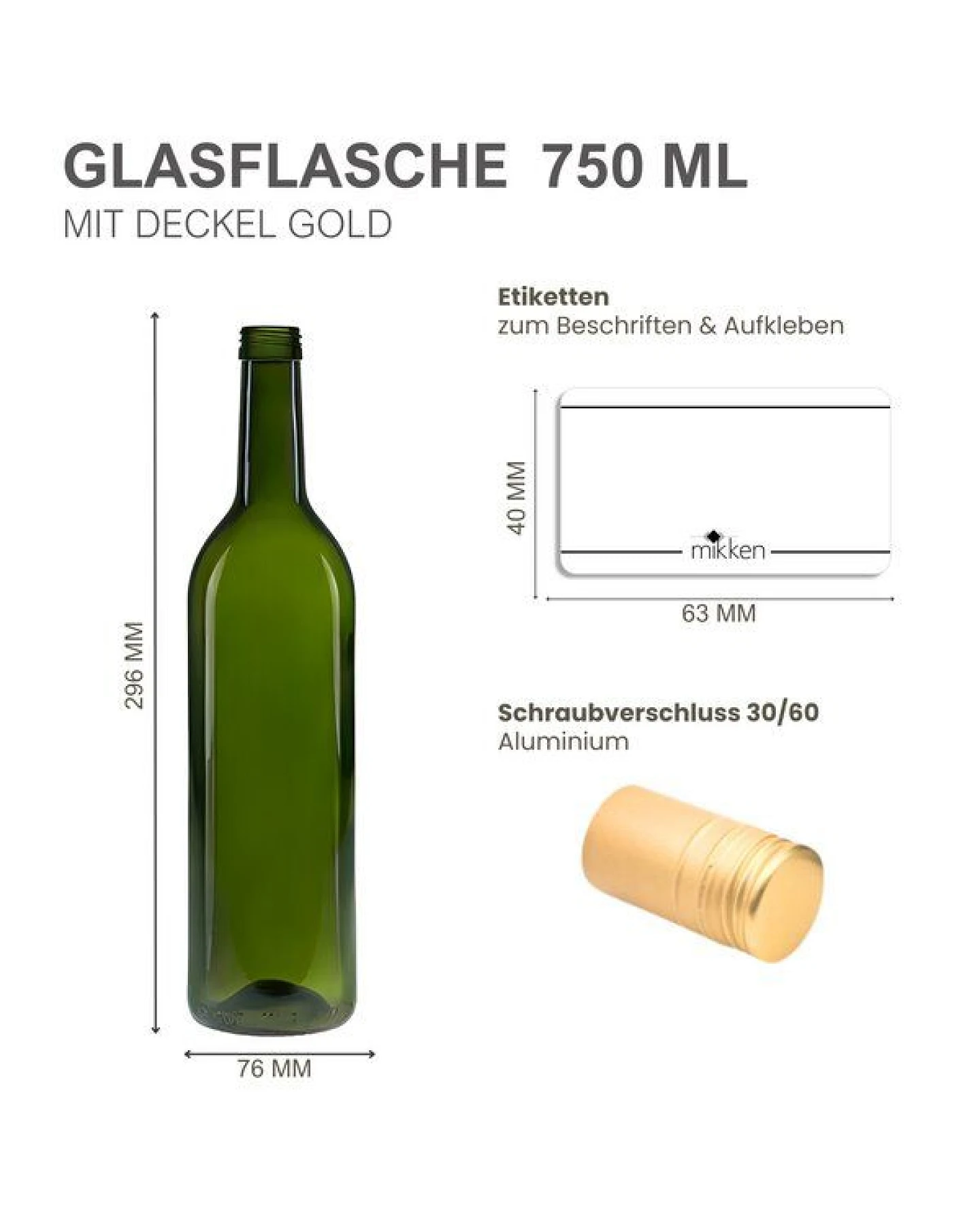 mikken 6er Set Ölflasche 750 ml Weinflasche Glasflasche grün inkl. Etiketten – Ansicht 2