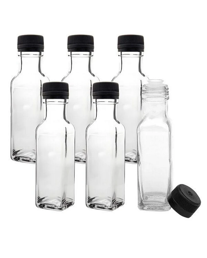 mikken 6er Set Ölflaschen 100 ml - 500 ml mit Ausgießer transparente Glasflasche mit Dosierer Dosierflasche inkl. 6 Etiketten