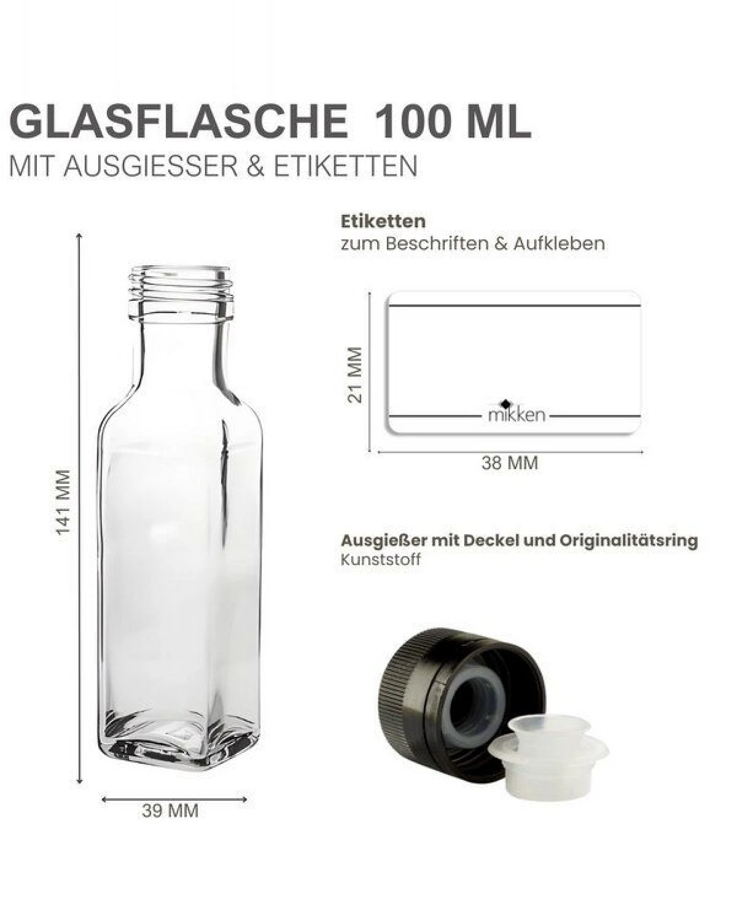 mikken 6er Set Ölflaschen 100 ml - 500 ml mit Ausgießer transparente Glasflasche mit Dosierer Dosierflasche inkl. 6 Etiketten – Ansicht 3