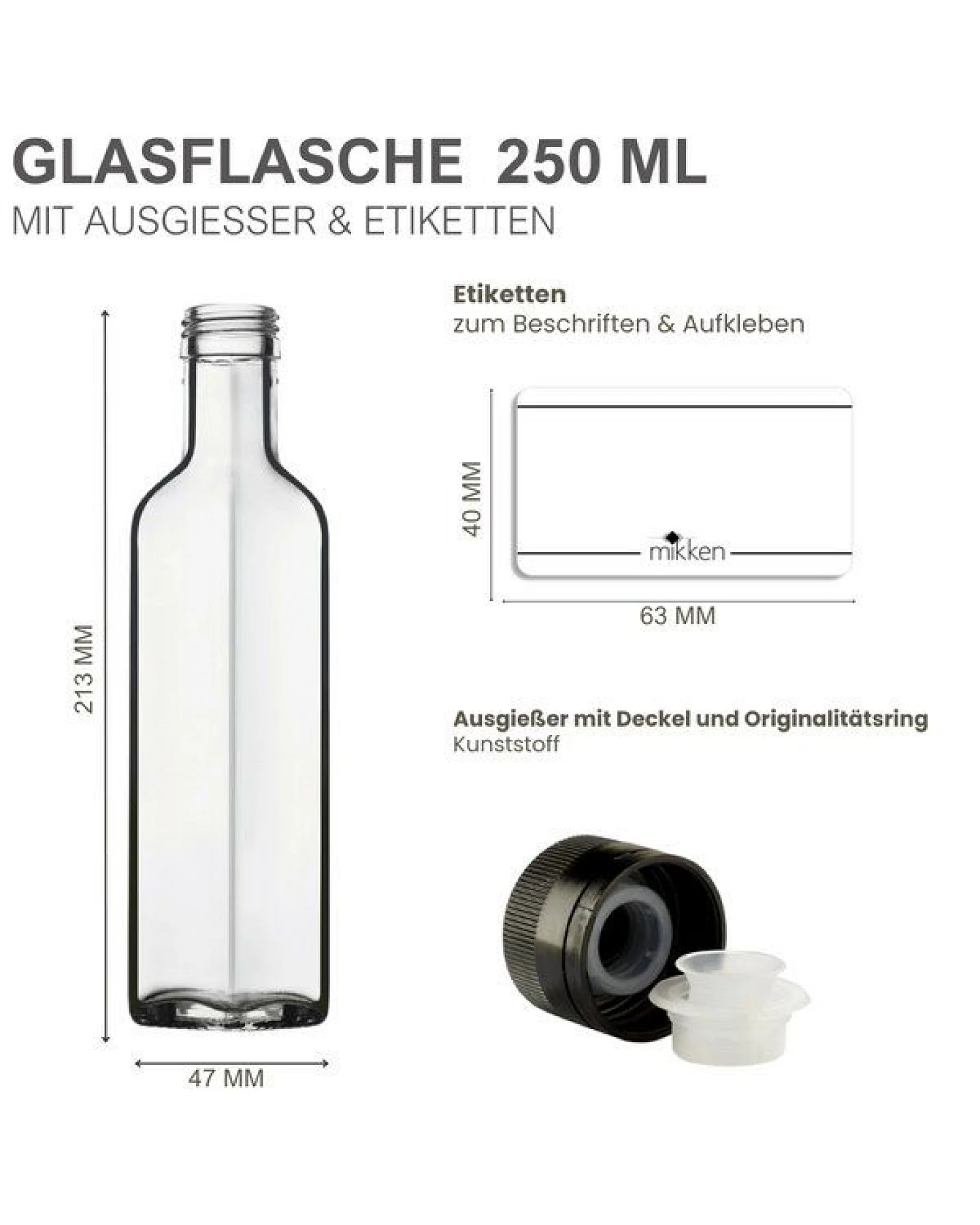 mikken 6er Set Ölflaschen 100 ml - 500 ml mit Ausgießer transparente Glasflasche mit Dosierer Dosierflasche inkl. 6 Etiketten – Ansicht 3