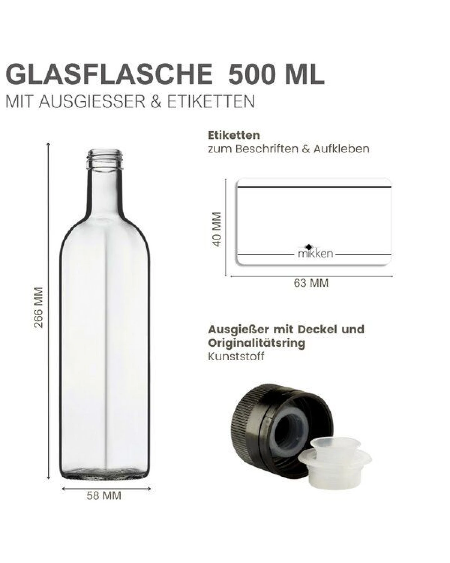 mikken 6er Set Ölflaschen 100 ml - 500 ml mit Ausgießer transparente Glasflasche mit Dosierer Dosierflasche inkl. 6 Etiketten – Ansicht 3