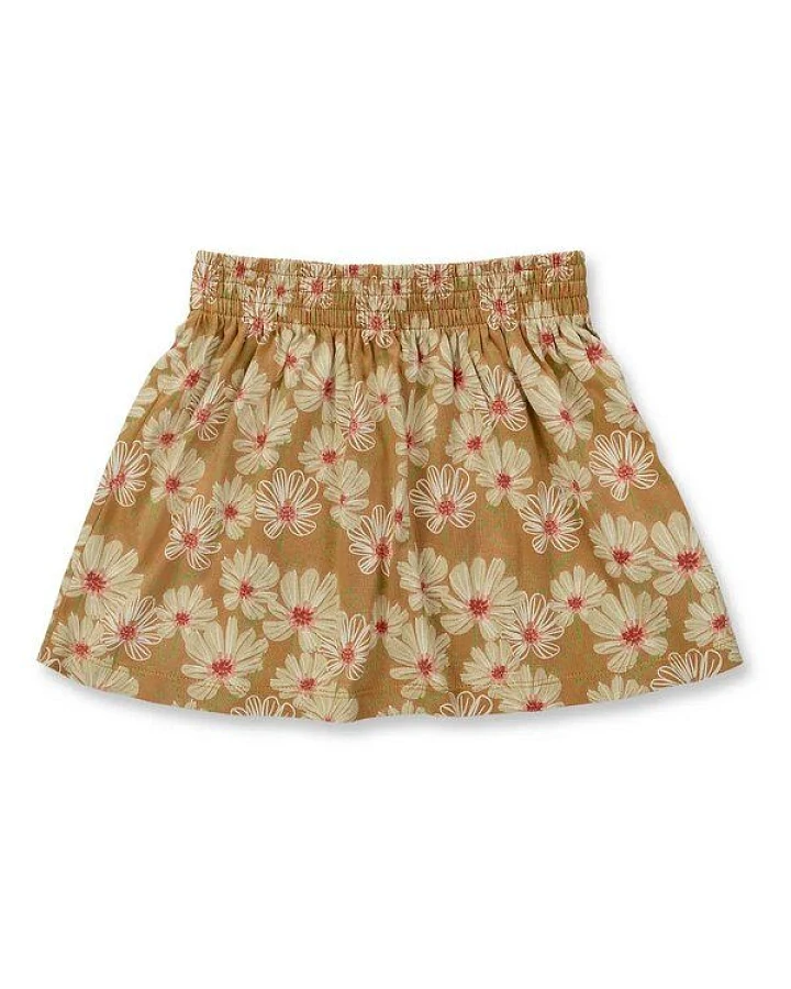 sense-organics Mädchen Schlupfrock mit Blumendruck auf karamellbraunen Hintergrund, Modell MALIA von Sense Organics