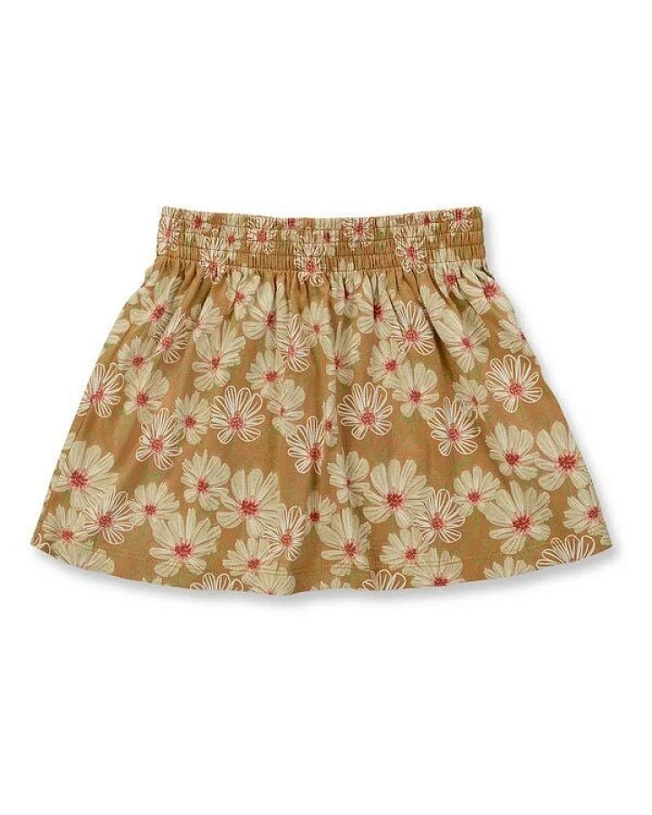 sense-organics Mädchen Schlupfrock mit Blumendruck auf karamellbraunen Hintergrund, Modell MALIA von Sense Organics