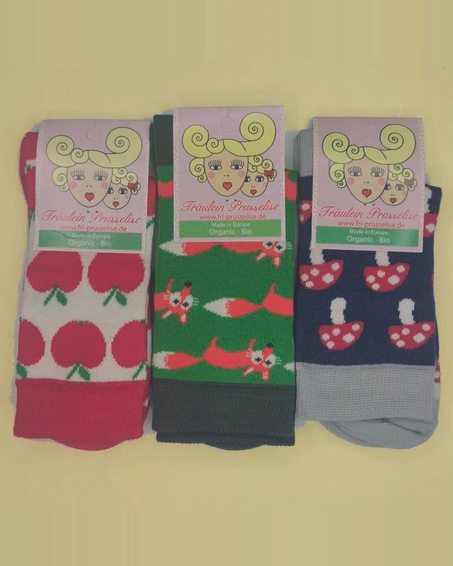 Fräulein Prusselise 3er spezial Socken Pack Retro, Fuchs grün, Pilze, Apfel rot, bunt – Ansicht 2