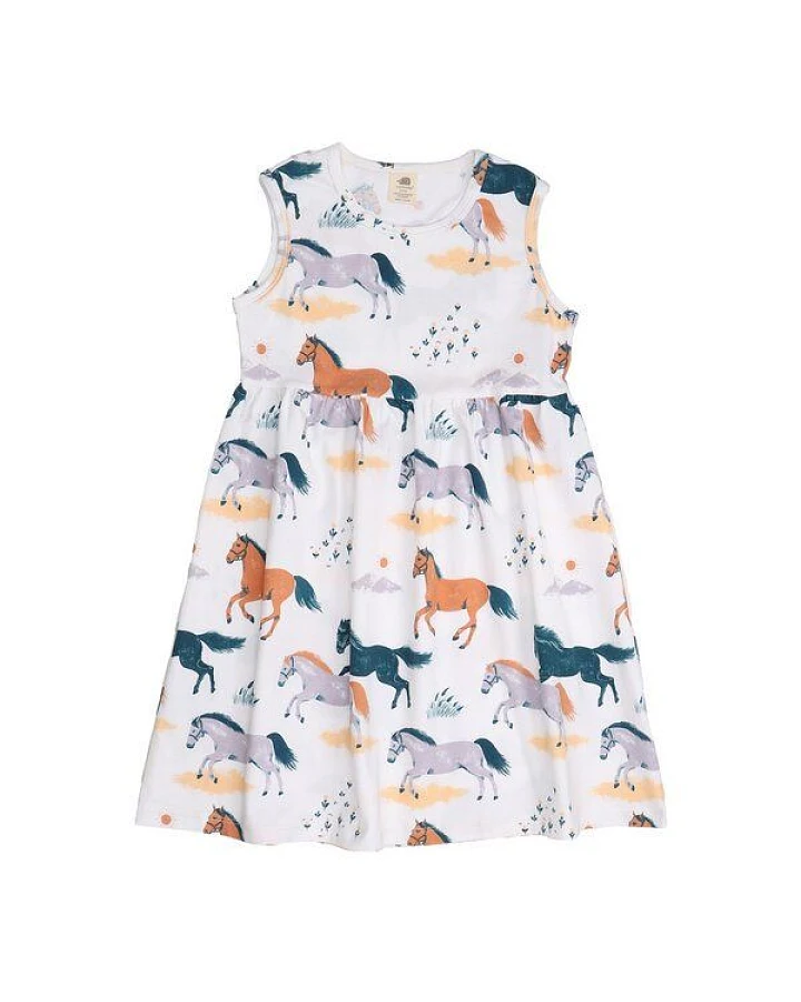Kinder Kleid GOTS-zertifiziert aus Bio-Baumwolle, Happy-Horses-Print, ärmellos, leicht & sommerlich – Walkiddy, weicher Tragekomfort