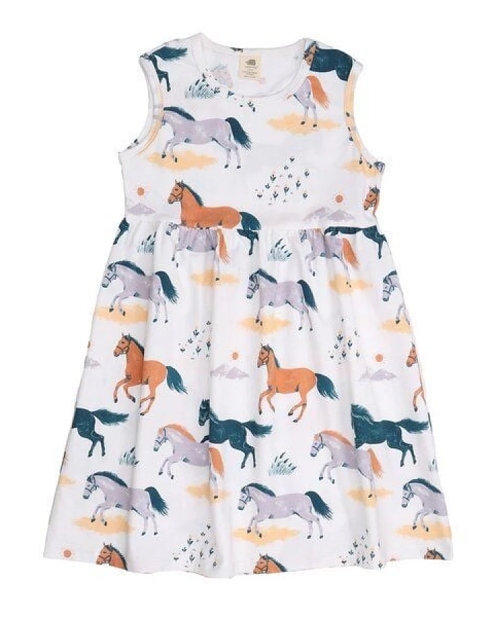 Kinder Kleid GOTS-zertifiziert aus Bio-Baumwolle, Happy-Horses-Print, ärmellos, leicht & sommerlich – Walkiddy, weicher Tragekomfort