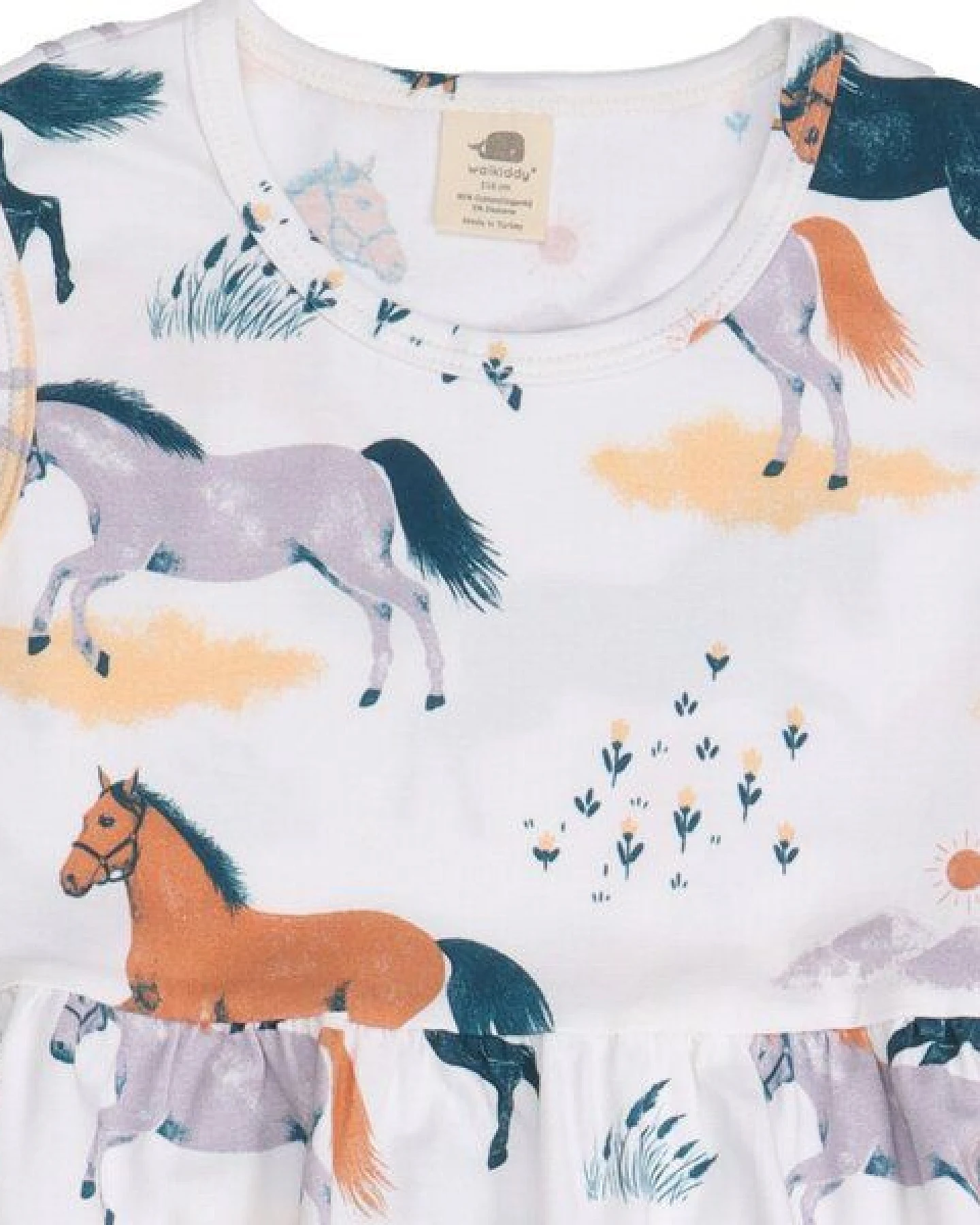 Kinder Kleid GOTS-zertifiziert aus Bio-Baumwolle, Happy-Horses-Print, ärmellos, leicht & sommerlich – Walkiddy, weicher Tragekomfort – Ansicht 3