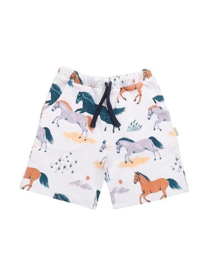 Kinder Shorts GOTS-zertifiziert aus Bio-Baumwolle, Happy Horses, weiß mit buntem Pferde-Print, elastischer Bund & Kordelzug – Walkiddy