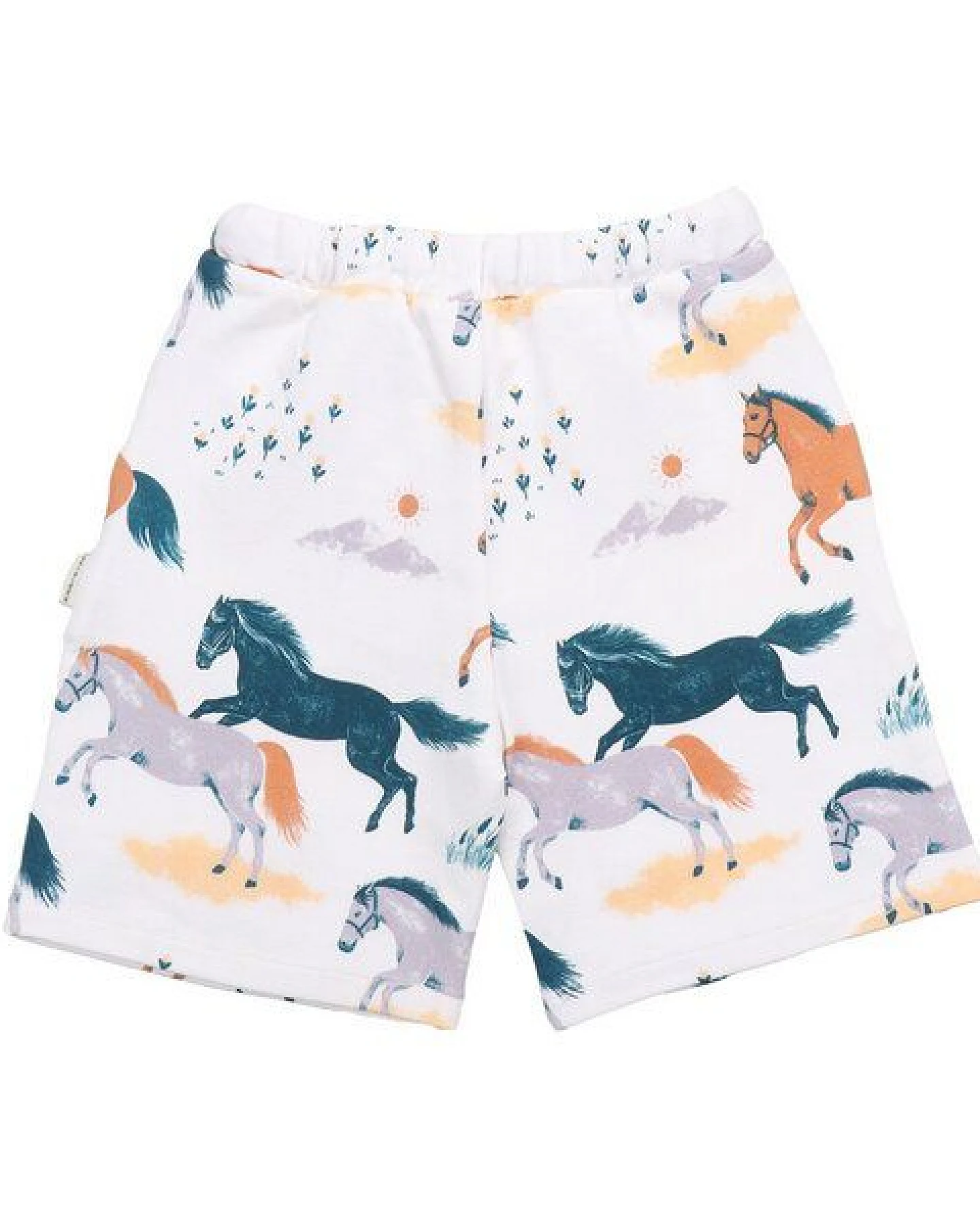 Kinder Shorts GOTS-zertifiziert aus Bio-Baumwolle, Happy Horses, weiß mit buntem Pferde-Print, elastischer Bund & Kordelzug – Walkiddy – Ansicht 4