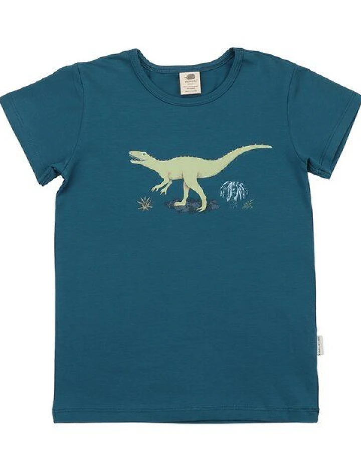 Kinder T-Shirt GOTS-zertifiziert aus Bio-Baumwolle, petrolblau mit laufendem Dinosaurier-Motiv, kurzarm – Walkiddy, weich & hautfreundlich