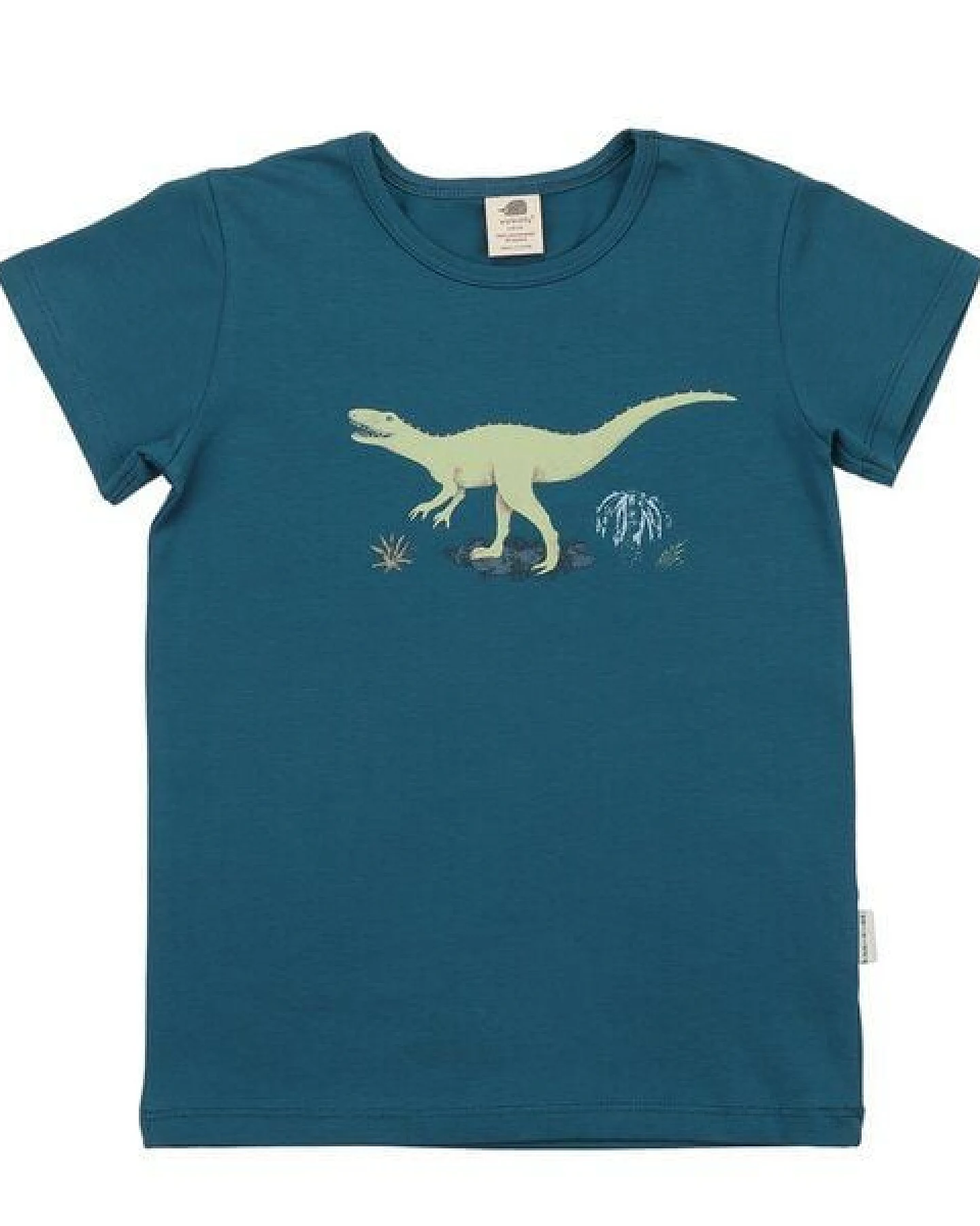 Kinder T-Shirt GOTS-zertifiziert aus Bio-Baumwolle, petrolblau mit laufendem Dinosaurier-Motiv, kurzarm – Walkiddy, weich & hautfreundlich – Ansicht 2