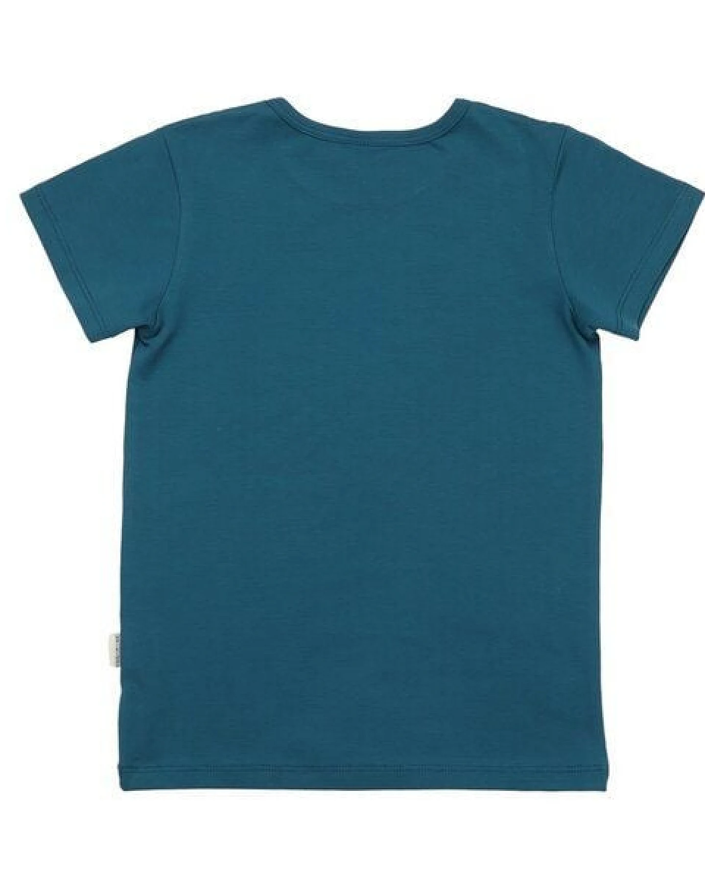 Kinder T-Shirt GOTS-zertifiziert aus Bio-Baumwolle, petrolblau mit laufendem Dinosaurier-Motiv, kurzarm – Walkiddy, weich & hautfreundlich – Ansicht 4