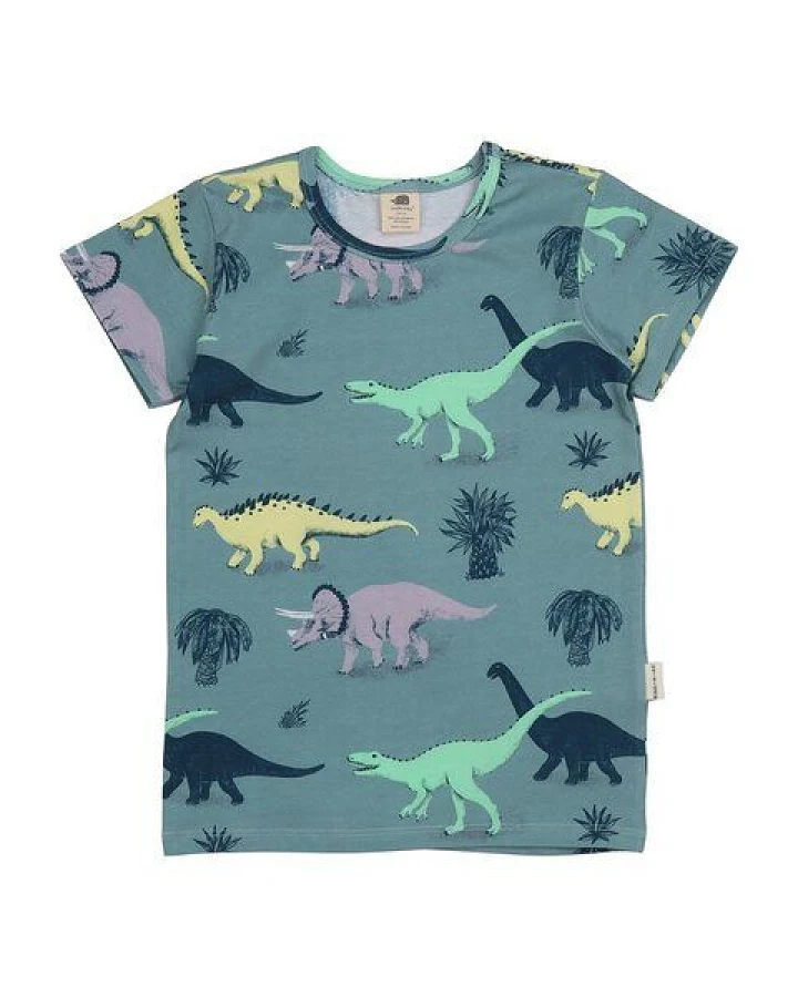 Kinder T-Shirt GOTS-zertifiziert aus Bio-Baumwolle blaugrün mit Dinosaurier-Motiv „Running Dinosaurs“ – Walkiddy
