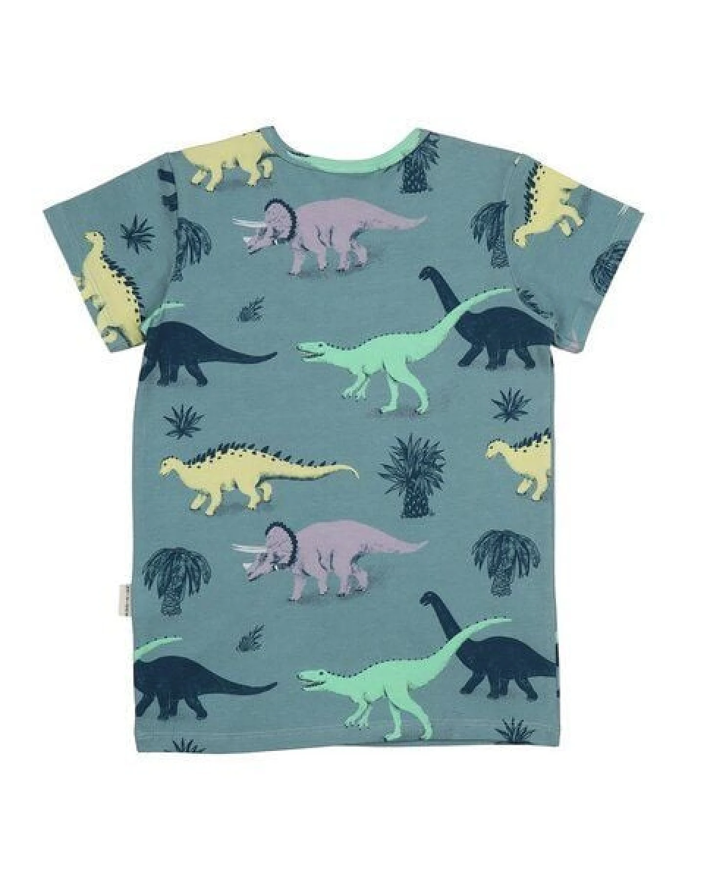 Kinder T-Shirt GOTS-zertifiziert aus Bio-Baumwolle blaugrün mit Dinosaurier-Motiv „Running Dinosaurs“ – Walkiddy – Ansicht 4