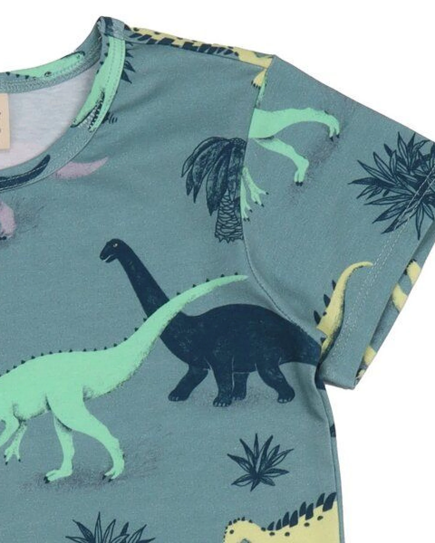Kinder T-Shirt GOTS-zertifiziert aus Bio-Baumwolle blaugrün mit Dinosaurier-Motiv „Running Dinosaurs“ – Walkiddy – Ansicht 3