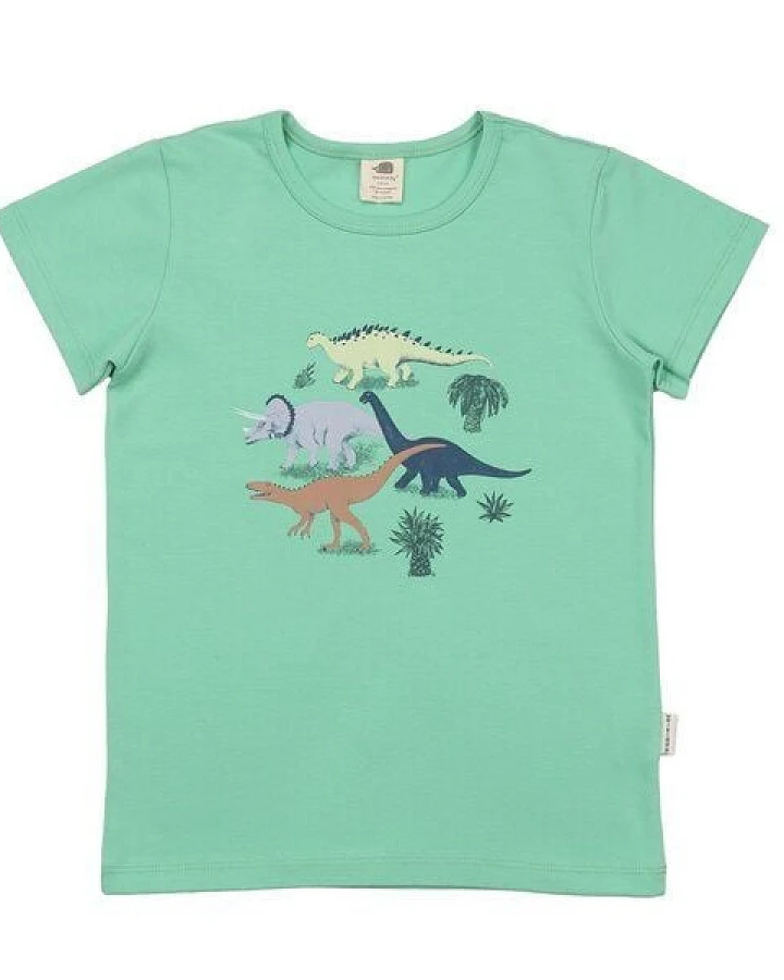 Kinder T-Shirt GOTS zertifiziert, Bio-Baumwolle, mintgrün, Dinosaurier-Print, weich & bequem – Walkiddy