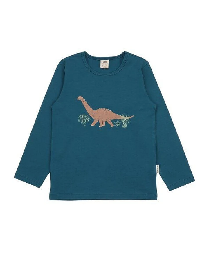 Kinder Langarmshirt GOTS zertifiziert, Bio-Baumwolle, petrolblau, Dino-Print „Running Dinosaurs“, weich – Walkiddy