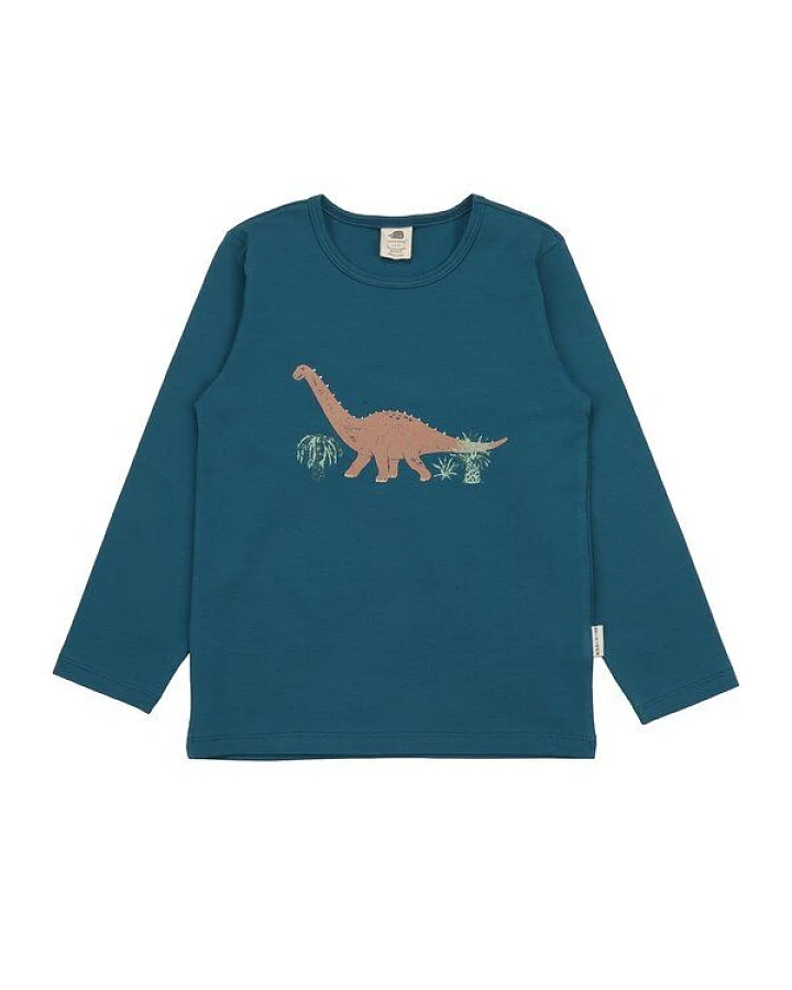 Kinder Langarmshirt GOTS zertifiziert, Bio-Baumwolle, petrolblau, Dino-Print „Running Dinosaurs“, weich – Walkiddy