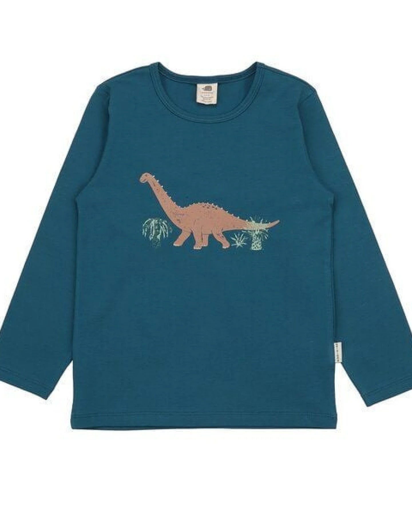 Kinder Langarmshirt GOTS zertifiziert, Bio-Baumwolle, petrolblau, Dino-Print „Running Dinosaurs“, weich – Walkiddy – Ansicht 2