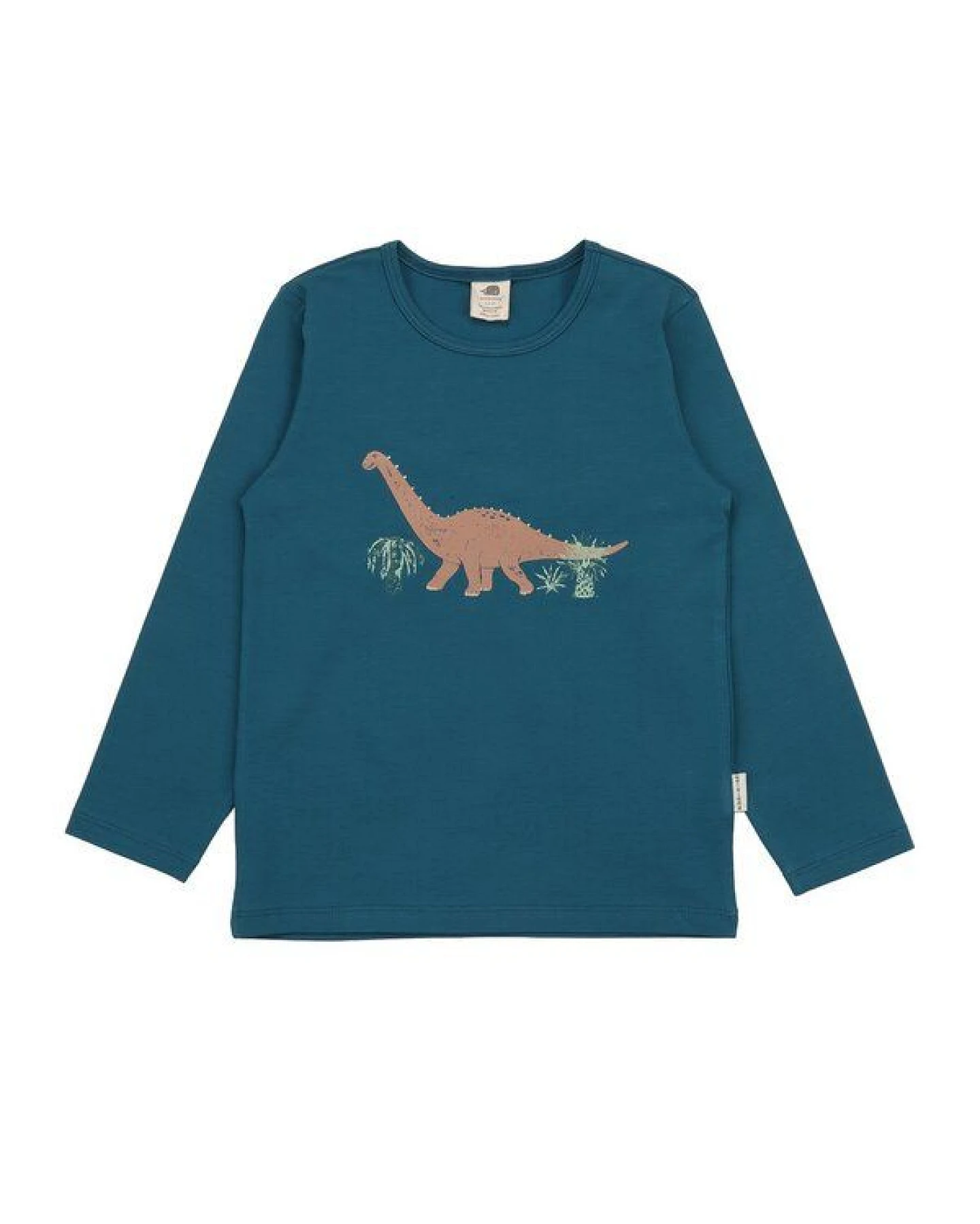 Kinder Langarmshirt GOTS zertifiziert, Bio-Baumwolle, petrolblau, Dino-Print „Running Dinosaurs“, weich – Walkiddy – Ansicht 2