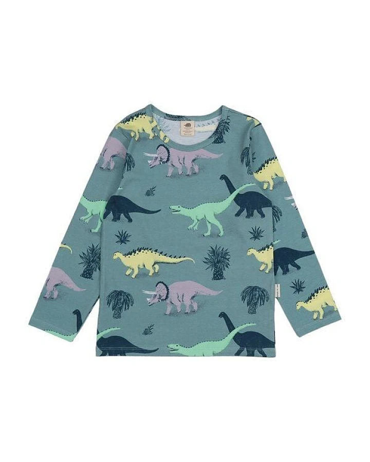 Kinder Langarmshirt GOTS zertifiziert – Bio-Baumwolle, Blaugrün mit Dinosauriermotiv, weich & bequem