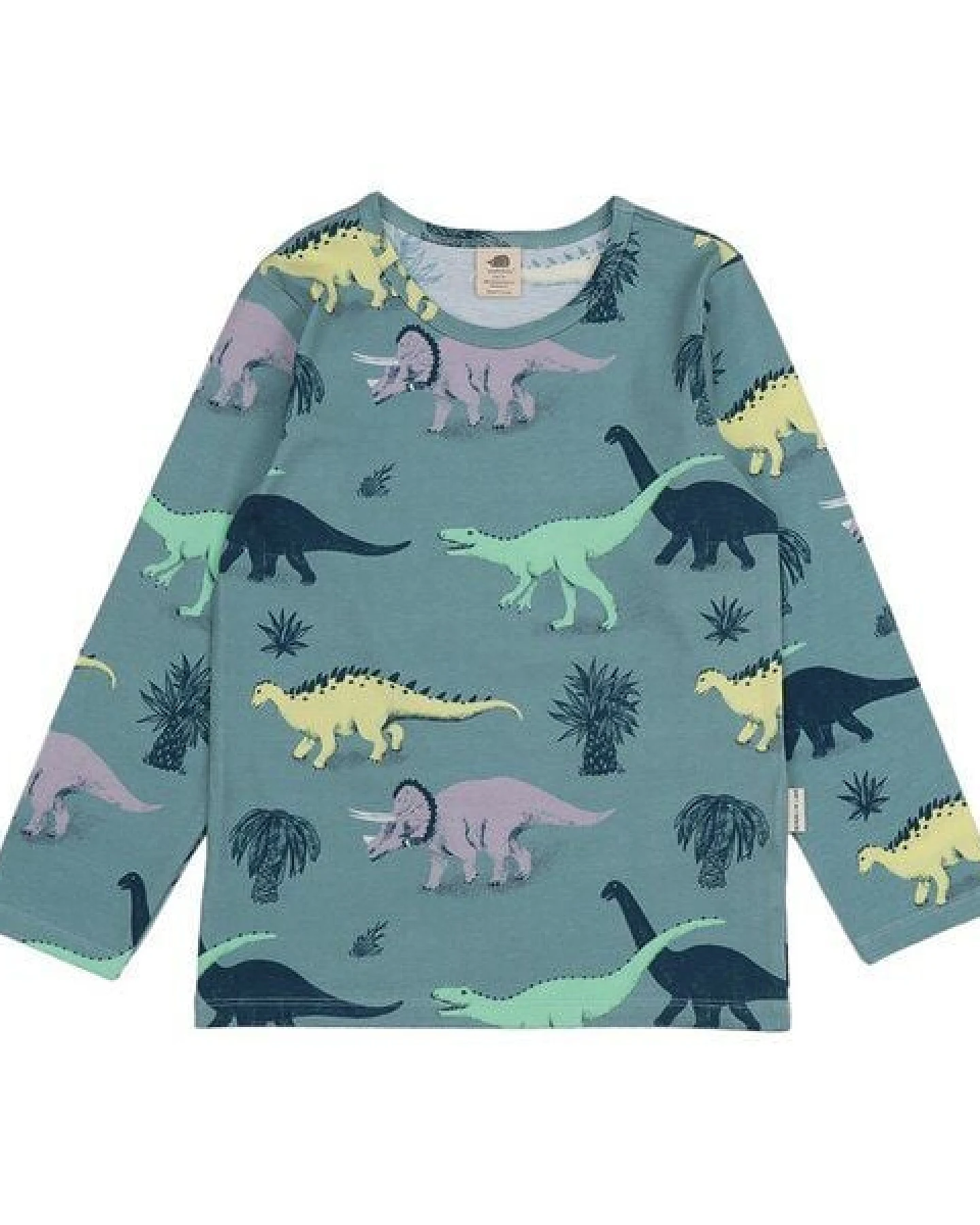 Kinder Langarmshirt GOTS zertifiziert – Bio-Baumwolle, Blaugrün mit Dinosauriermotiv, weich & bequem – Ansicht 2