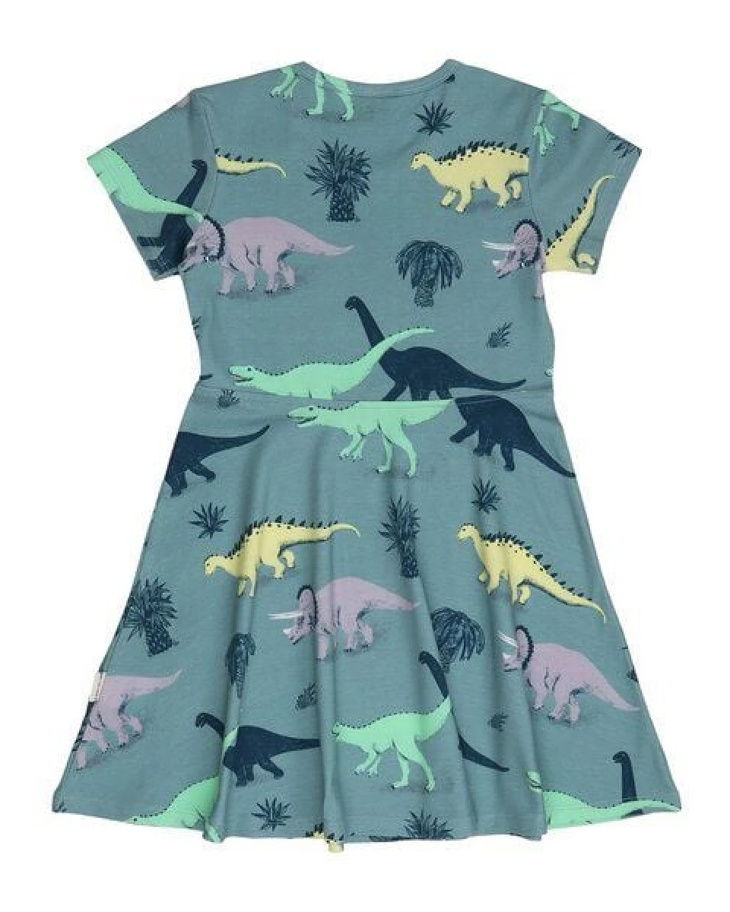 Kinder Kleid GOTS zertifiziert – Blaugrün mit Dinosauriermotiv, Kurzarm, weich & bequem – Ansicht 4