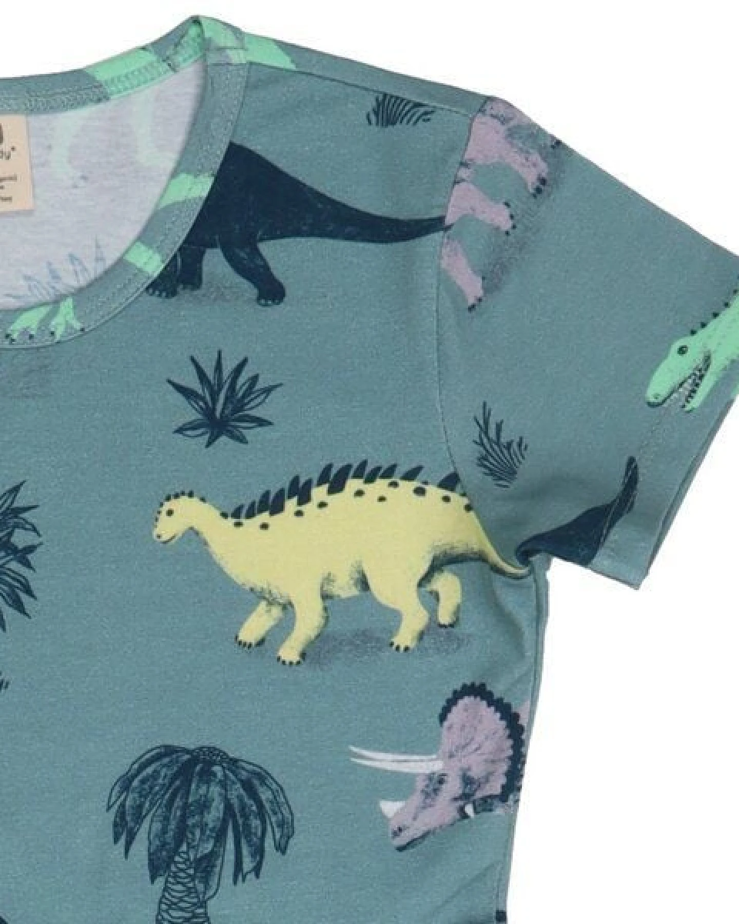 Kinder Kleid GOTS zertifiziert – Blaugrün mit Dinosauriermotiv, Kurzarm, weich & bequem – Ansicht 3