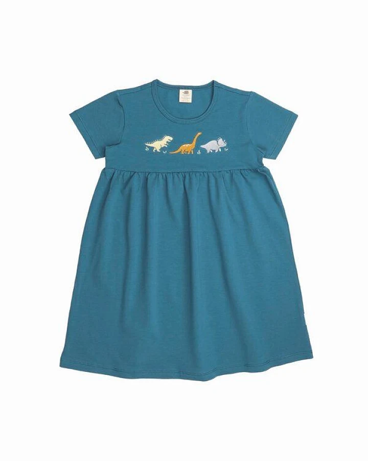 Kinder Babydoll Kleid GOTS-zertifiziert aus Bio-Baumwolle petrol mit Dinosaurier-Motiv – Walkiddy