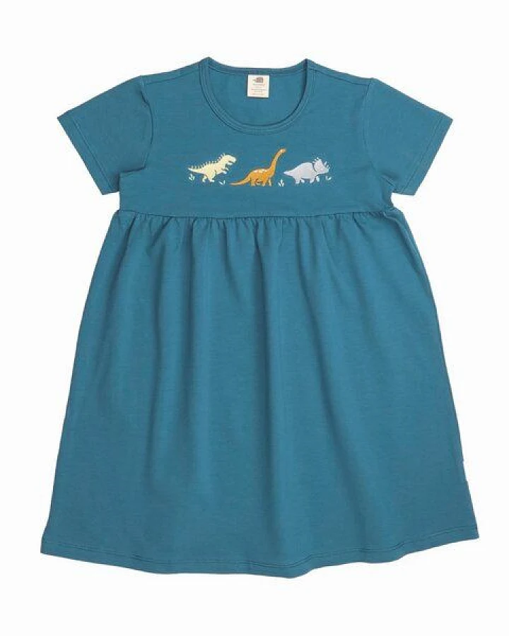 Kinder Babydoll Kleid GOTS-zertifiziert aus Bio-Baumwolle petrol mit Dinosaurier-Motiv – Walkiddy