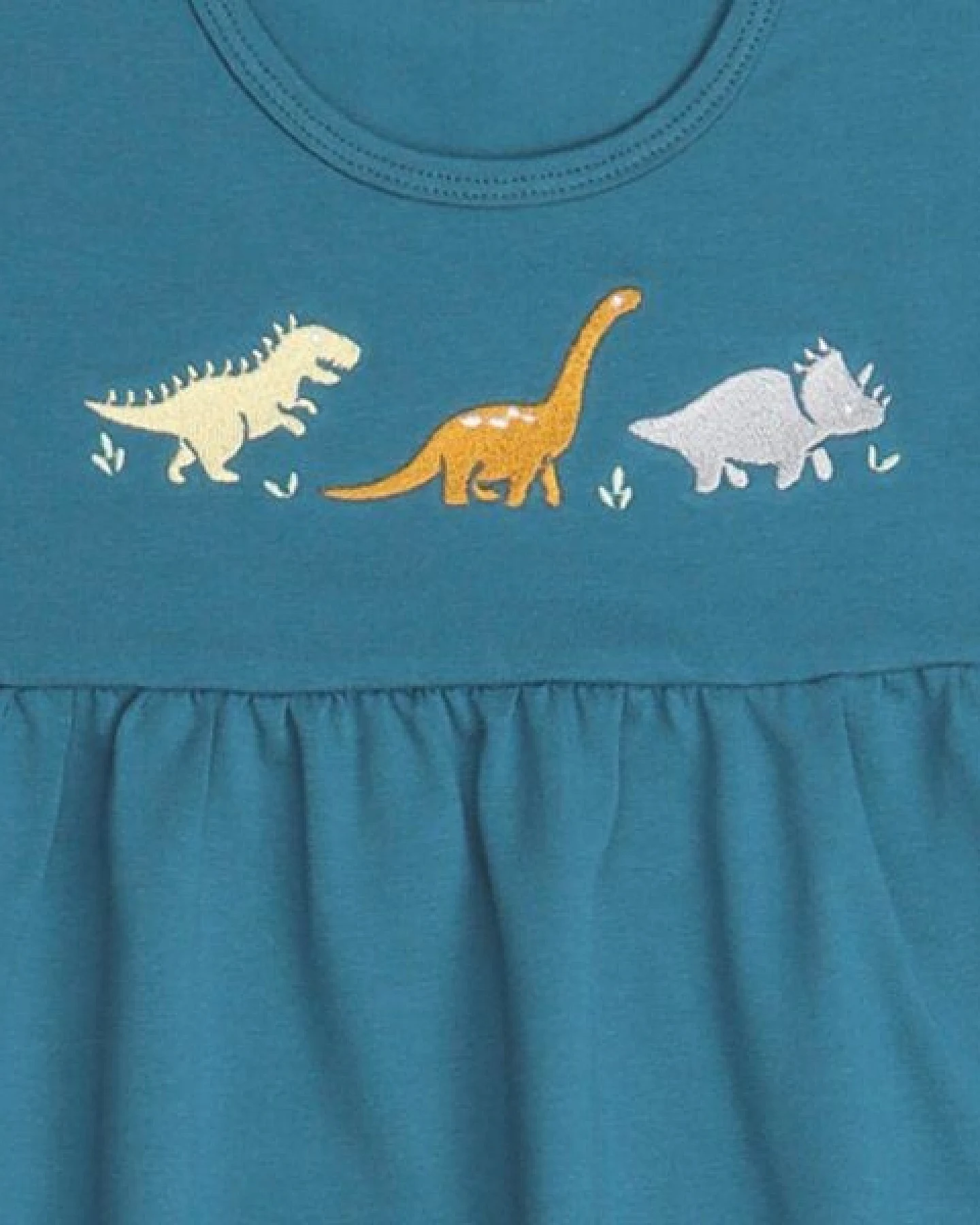 Kinder Babydoll Kleid GOTS-zertifiziert aus Bio-Baumwolle petrol mit Dinosaurier-Motiv – Walkiddy – Ansicht 3
