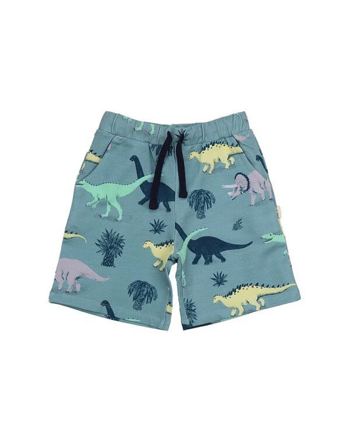 Kinder Shorts „Running Dinosaurs“ GOTS-zertifiziert aus Bio-Baumwolle, blau, elastischer Bund – Walkiddy, weich & bequem für warme Tage
