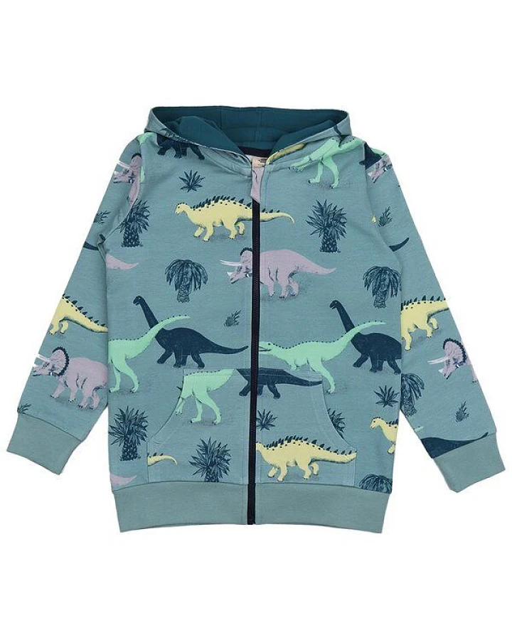 Kinder Sweatjacke – Reißverschluss & Kapuze, Blaugrün mit Dinosauriermotiv, bequem, alltagstauglich, kombinierbar
