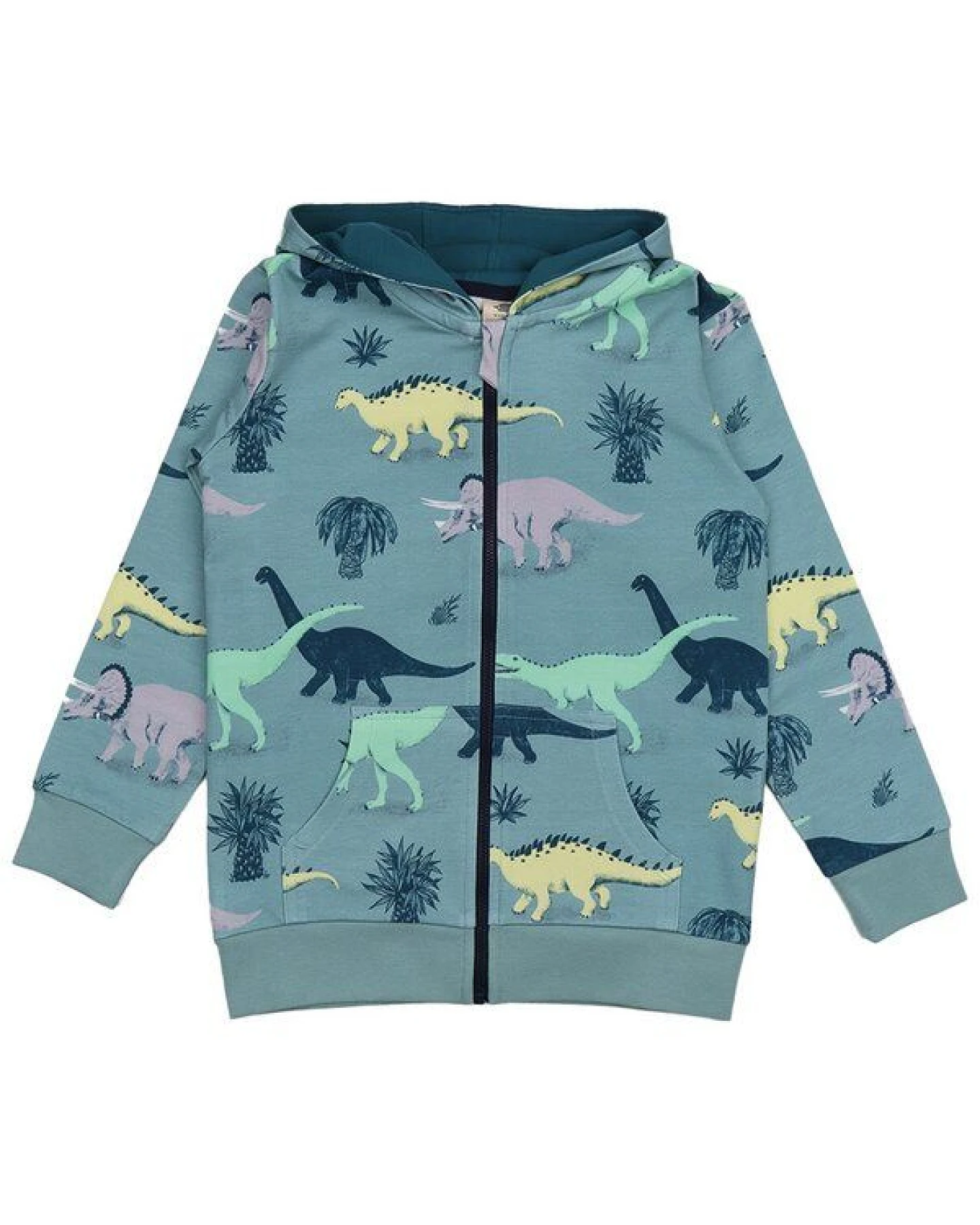 Kinder Sweatjacke – Reißverschluss & Kapuze, Blaugrün mit Dinosauriermotiv, bequem, alltagstauglich, kombinierbar – Ansicht 2