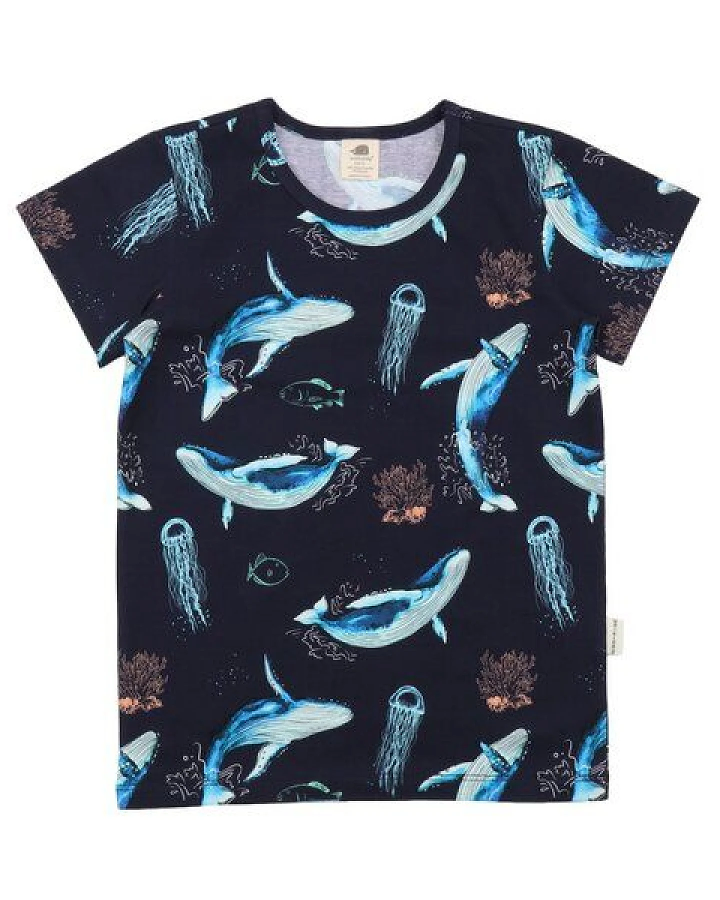 Kinder T-Shirt GOTS zertifiziert, Bio-Baumwolle, dunkelblau, Wal-Muster „Dancing Whales“, weich – Walkiddy – Ansicht 2