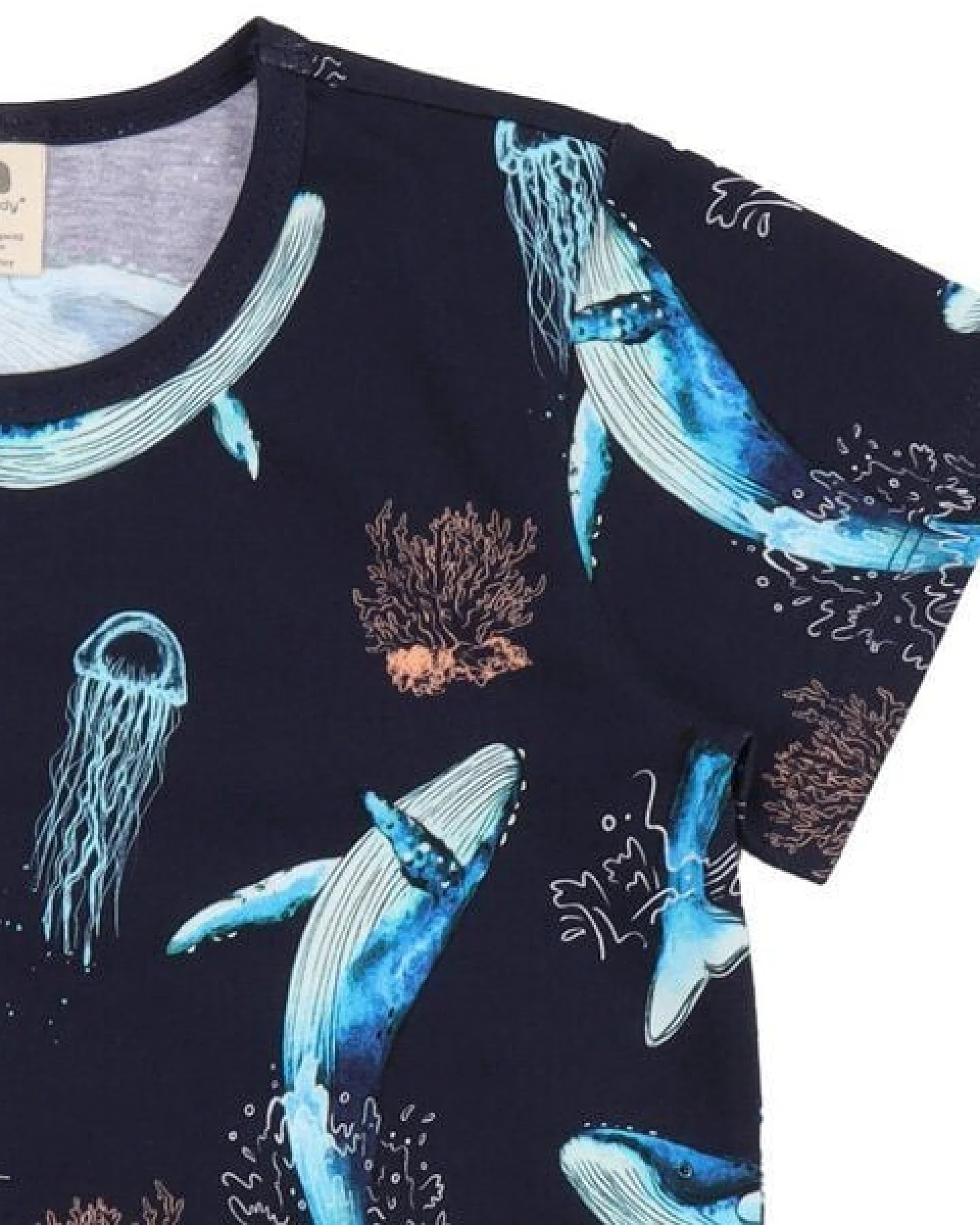 Kinder T-Shirt GOTS zertifiziert, Bio-Baumwolle, dunkelblau, Wal-Muster „Dancing Whales“, weich – Walkiddy – Ansicht 3