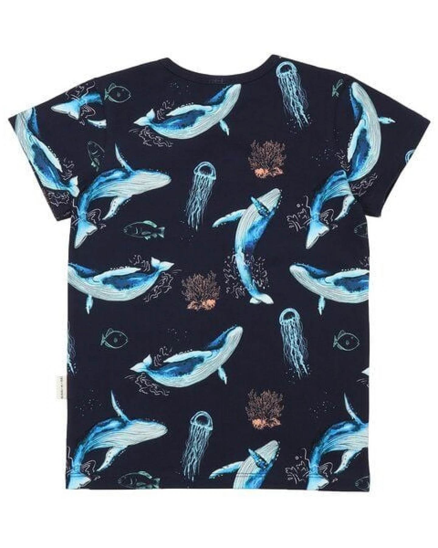 Kinder T-Shirt GOTS zertifiziert, Bio-Baumwolle, dunkelblau, Wal-Muster „Dancing Whales“, weich – Walkiddy – Ansicht 4