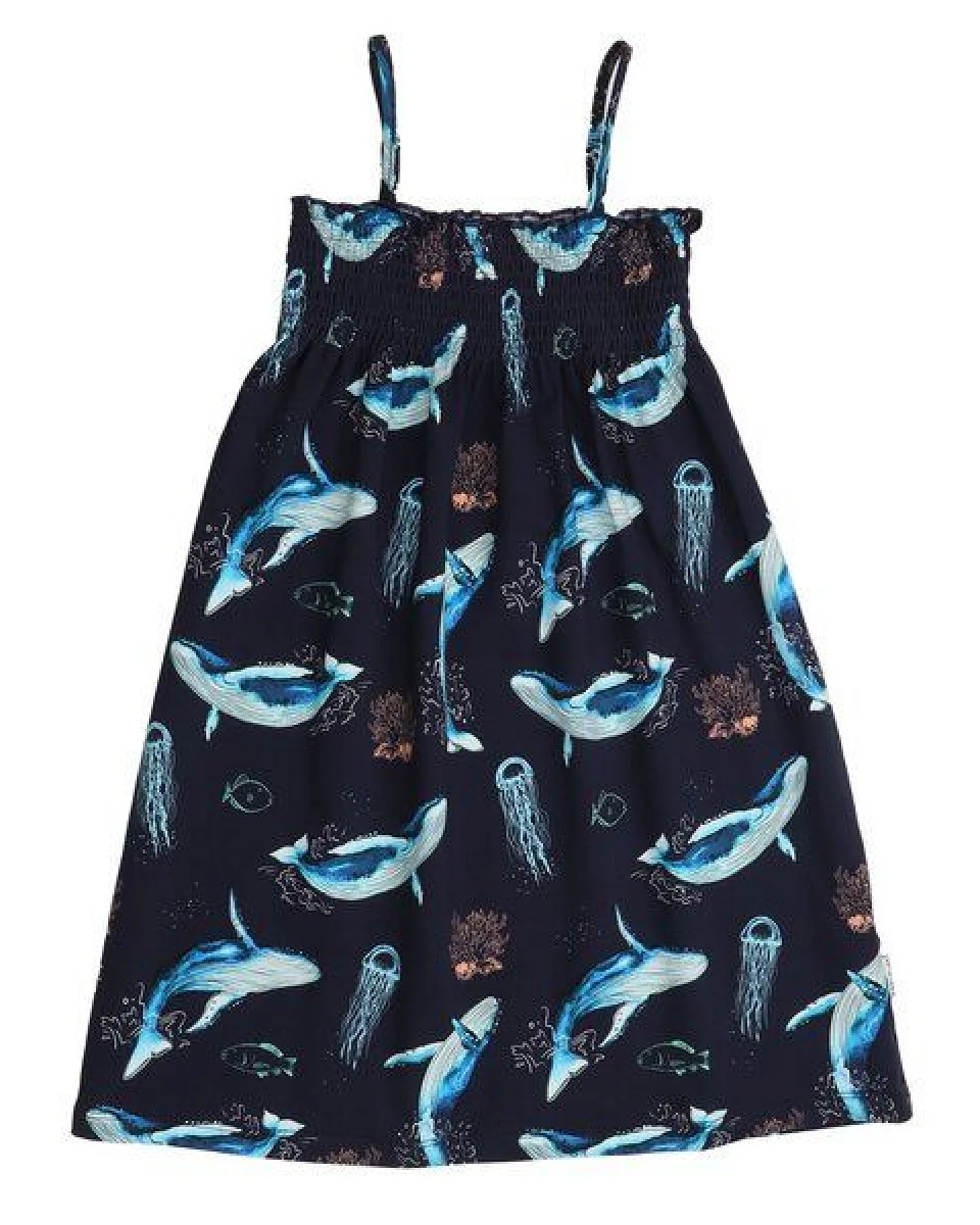 Mädchen Trägerkleid – Dunkelblau mit Walmotiv, leicht & bequem, sommerlich, gut kombinierbar, alltagstauglich – Ansicht 2