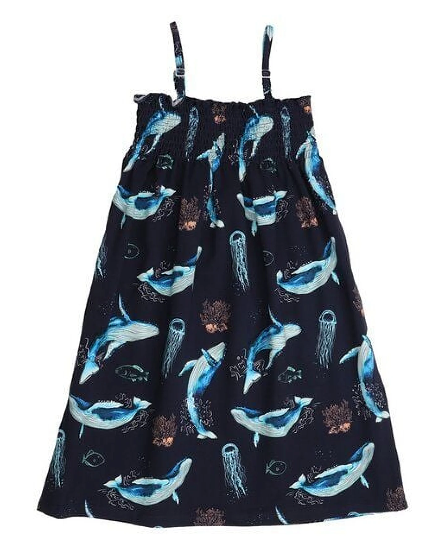 Mädchen Trägerkleid – Dunkelblau mit Walmotiv, leicht & bequem, sommerlich, gut kombinierbar, alltagstauglich – Ansicht 4