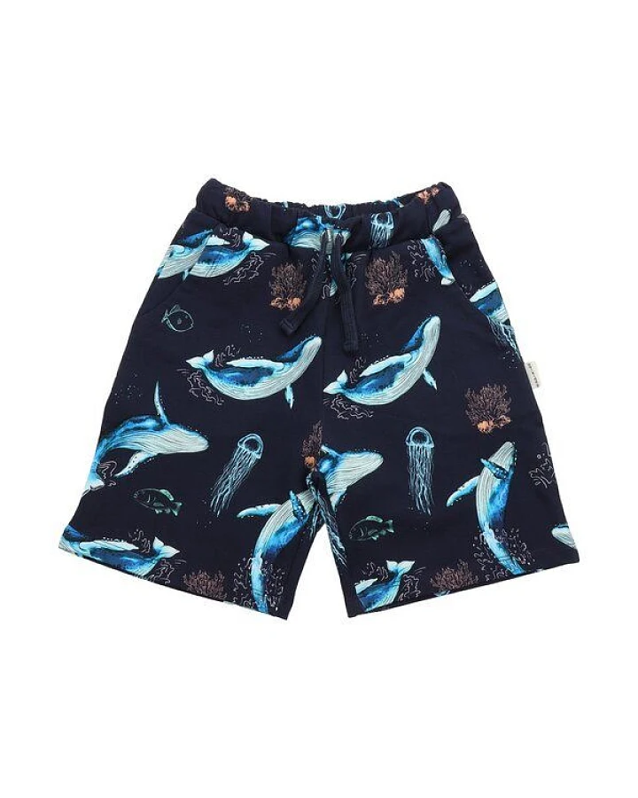 Kinder Shorts – Dunkelblau mit Wal-Print, bequem, elastischer Bund, Sommer-Shorts
