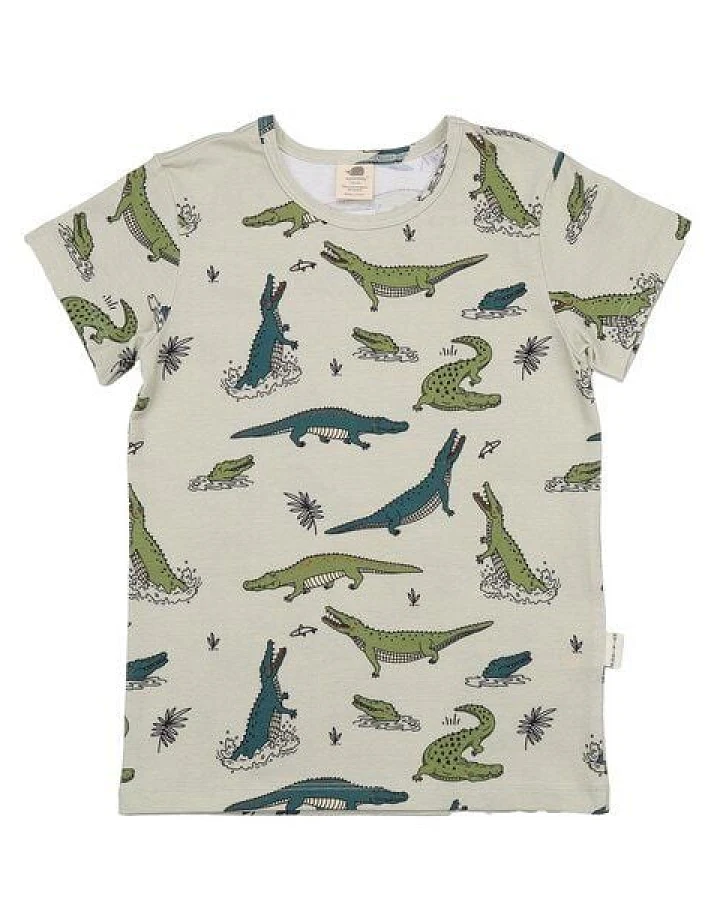 Kinder T-Shirt GOTS-zertifiziert aus Bio-Baumwolle, hell mit lustigen Krokodilen, kurzarm – Walkiddy, weich, hautfreundlich & alltagstauglich