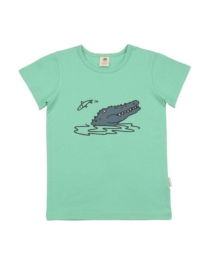 Kinder T-Shirt GOTS-zertifiziert aus Bio-Baumwolle, mint „Funny Crocodiles“, kurzarm mit Krokodilmotiv – Walkiddy, weich & hautfreundlich
