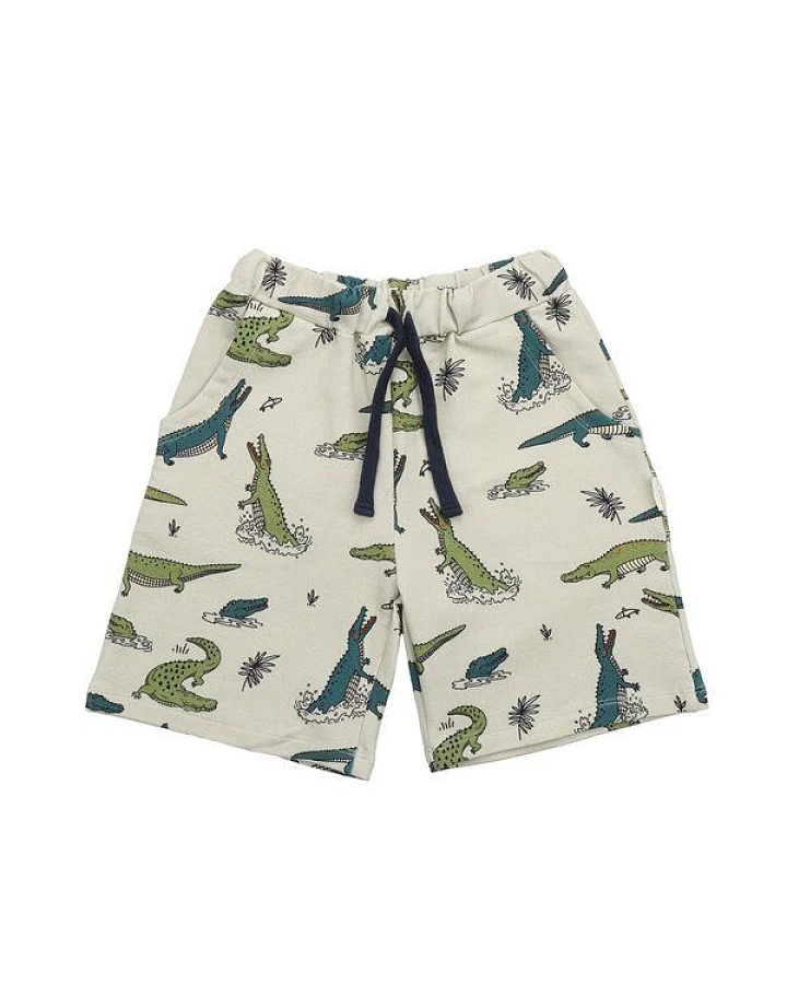 Kinder Shorts GOTS-zertifiziert aus Bio-Baumwolle hellbeige mit Krokodil-Motiv – Walkiddy