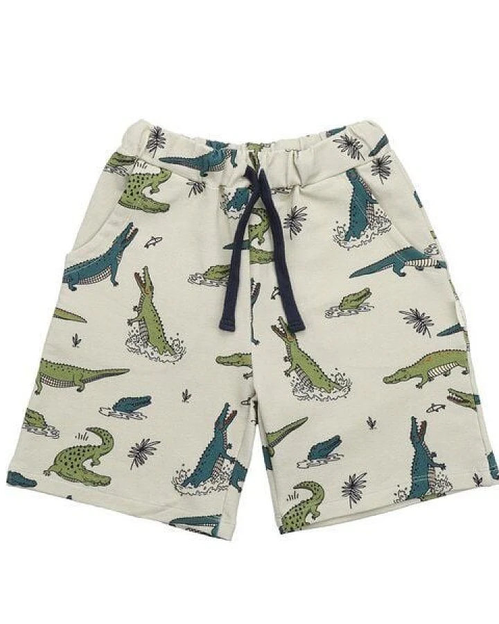 Kinder Shorts GOTS-zertifiziert aus Bio-Baumwolle hellbeige mit Krokodil-Motiv – Walkiddy