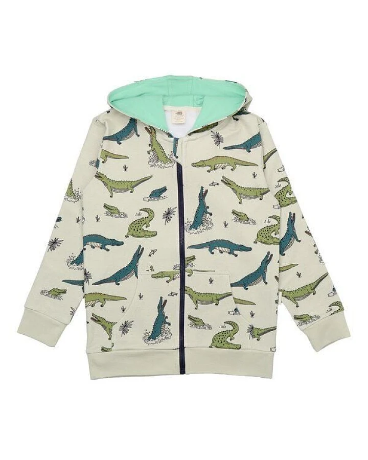Kinder Sweatjacke – Kapuze & Reißverschluss, Naturton mit Krokodil-Print, bequem