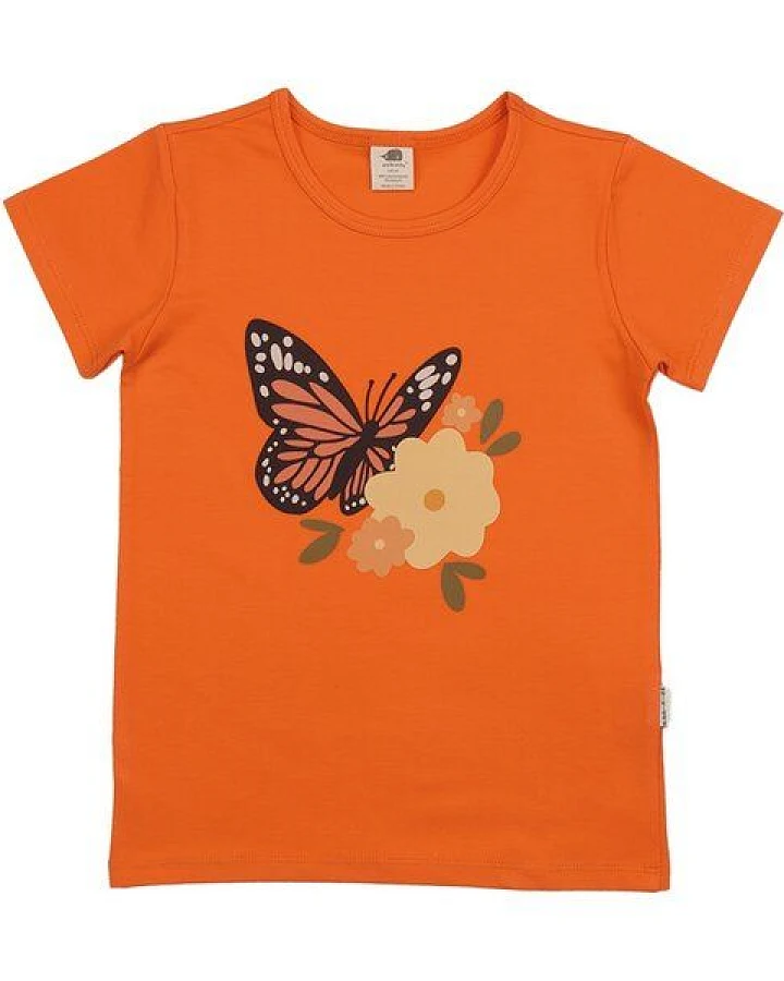 Kinder T-Shirt GOTS-zertifiziert aus Bio-Baumwolle orange mit Schmetterlings- und Blumenmotiv – Walkiddy