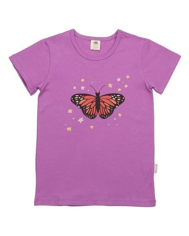 Kinder T-Shirt GOTS zertifiziert – Bio-Baumwolle, Lila mit Blumen- & Schmetterlingsmotiv