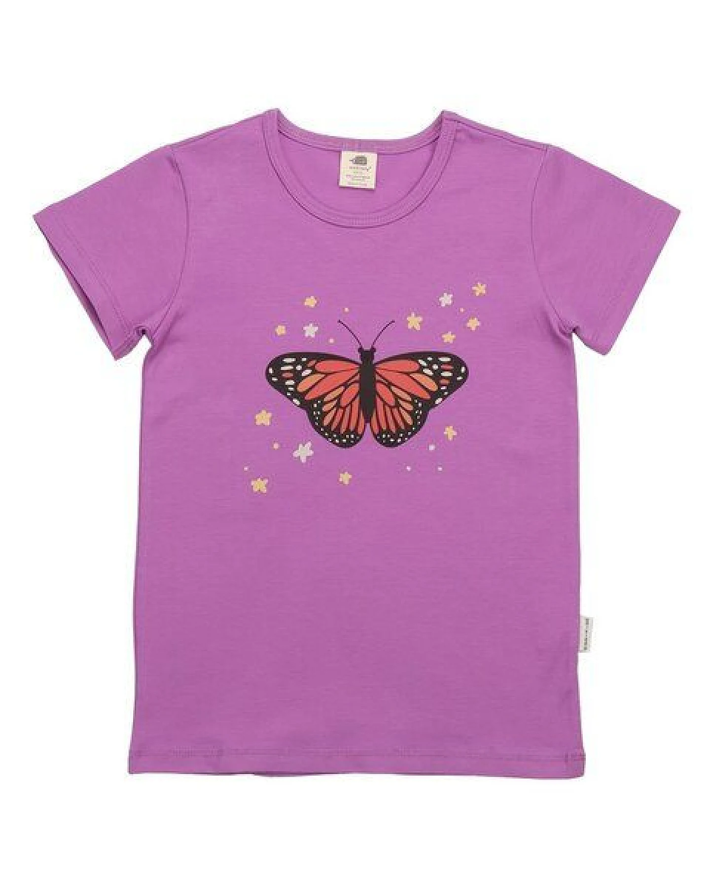 Kinder T-Shirt GOTS zertifiziert – Bio-Baumwolle, Lila mit Blumen- & Schmetterlingsmotiv – Ansicht 2