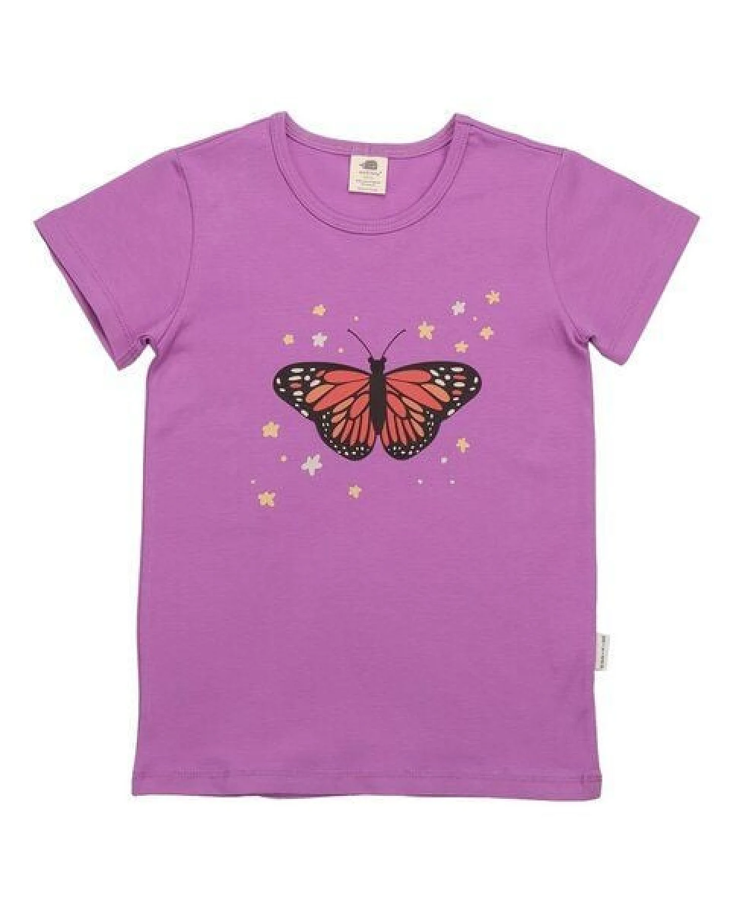 Kinder T-Shirt GOTS zertifiziert – Bio-Baumwolle, Lila mit Blumen- & Schmetterlingsmotiv – Ansicht 2