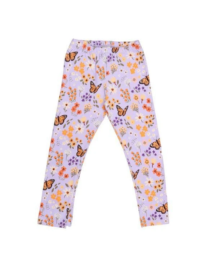 Kinder Leggings GOTS zertifiziert – Bio-Baumwolle mit Elasthan, Helllila mit Blumen- und Schmetterlingsmotiv
